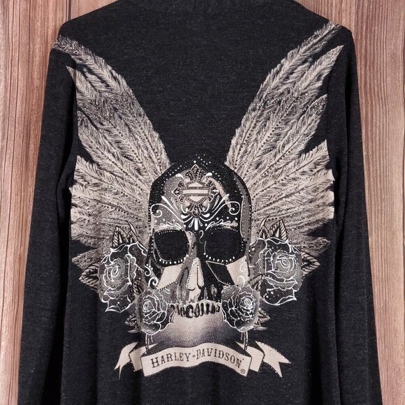 Harley Davidson Womens Size S/M Fringed Embellished Onyx Skull LS Cardigan Gray - Picture 8 of 14